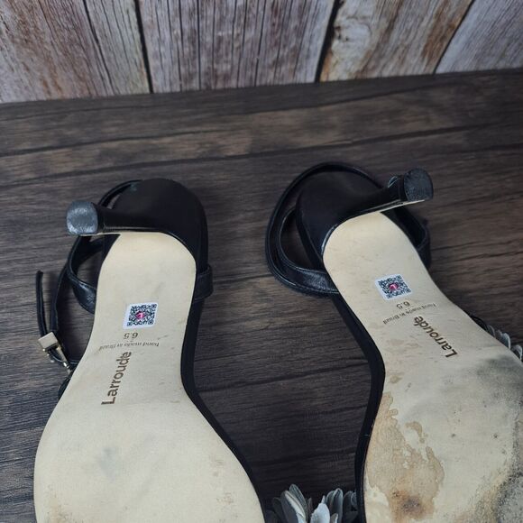 Larroudé Black Leather Floral Daisy Fiore Heel Sandals Women's Sz 6.5 (READ) - Picture 12 of 13